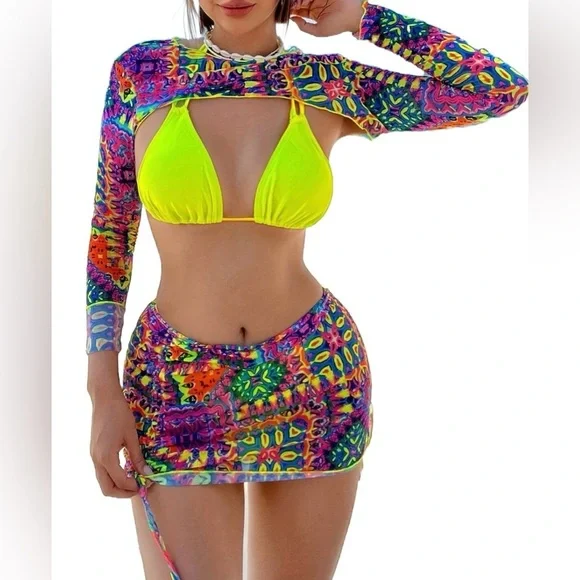 4pc Yellow Triangle Halter High Cut Bikini Set with Shrug & Drawstring Skirt - Picture 4 of 12